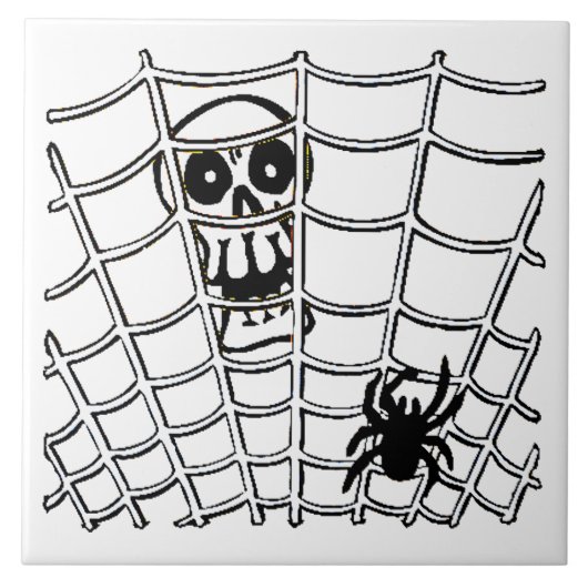 Spin in Web met Schedel Halloween Tegeltje (Voorkant)