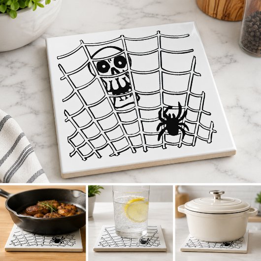 Spin in Web met Schedel Halloween Tegeltje