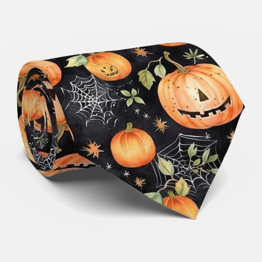 Spin & Jack-o'-lantaarns | Oranje zwart Halloween Stropdas (Opgerold)
