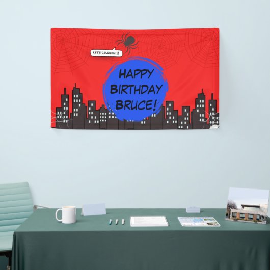 Spin-superheld strip verjaardag spandoek (Beurs)