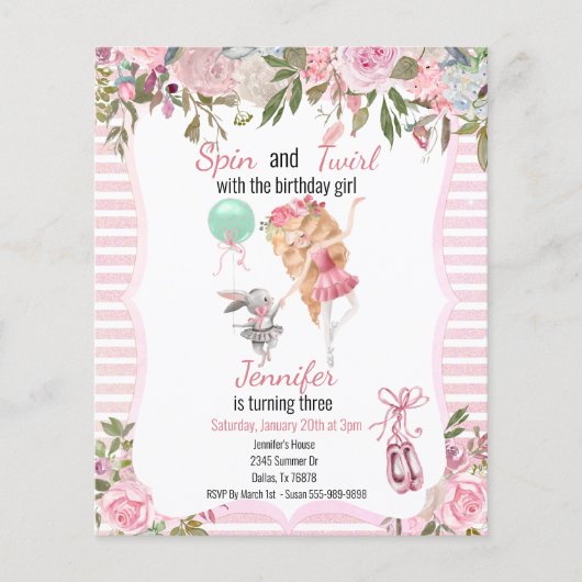 Spin Twirl Pink Ballerina Girl Birthday Flyer (Voorkant)