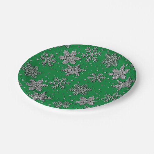 Spinende zilverglittersneeuwvlokken papieren bordje (Gekanteld)