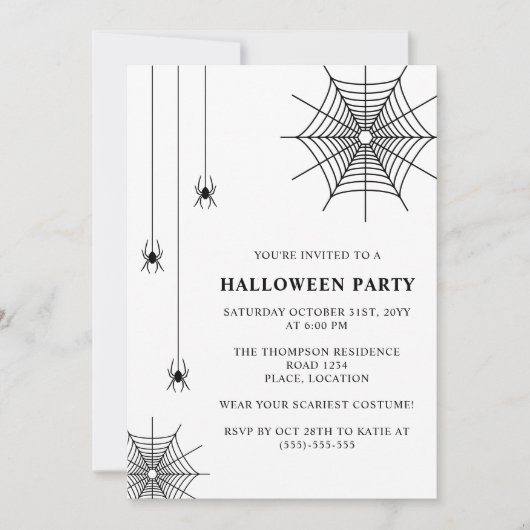 Spinnen en Spiderweb Eenvoudig Zwart Wit Halloween Kaart (Voorkant)