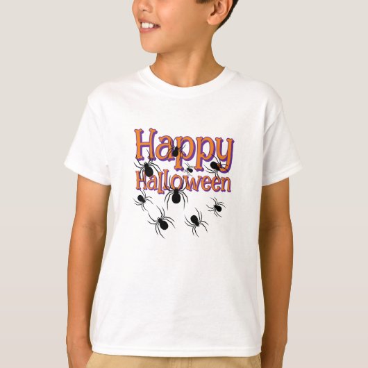 Spinnen Happy Halloween Zwart en Sinaasappel T-shirt (Voorkant)