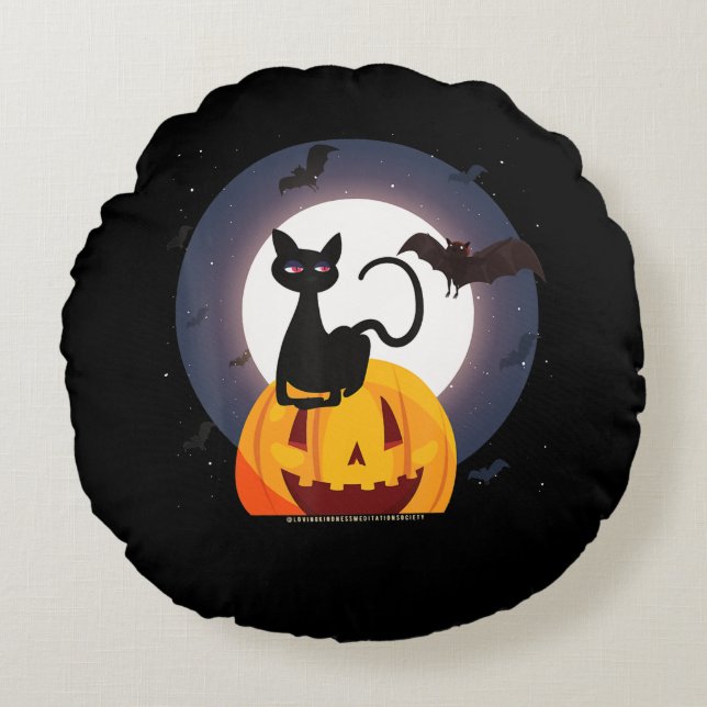 spinnengeschenk | Halloween Zwarte Kat Spin Pompoe Rond Kussen (Voorkant)