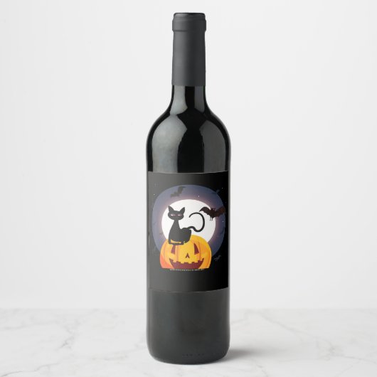 spinnengeschenk | Halloween Zwarte Kat Spin Pompoe Wijn Etiket (Voorkant)