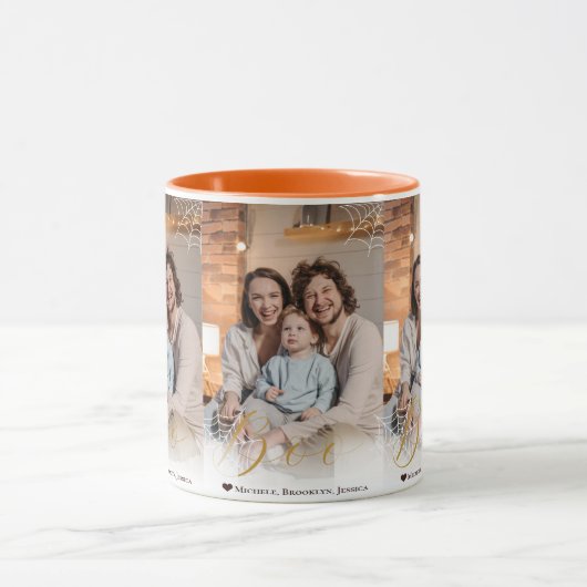 Spinnenweb Hand-Lettered Boo Halloween Foto Mok (Midden)