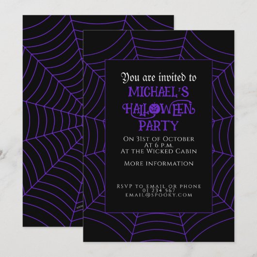 Spinnenweb zwart paars wit Halloween-feest Kaart (Voorkant / Achterkant)