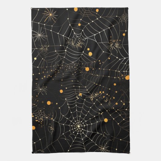 Spinnenwebben en Stippen Modern Zwart Halloween Theedoek (Verticaal)