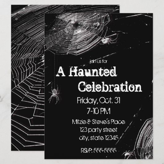 Spinnenwebben en witte spinnen Halloween Party Kaart (Voorkant / Achterkant)