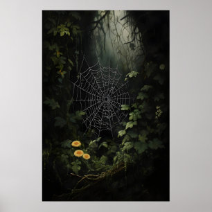 Spinnenwebben in donkere bossen Muurprint, Spinnen Poster
