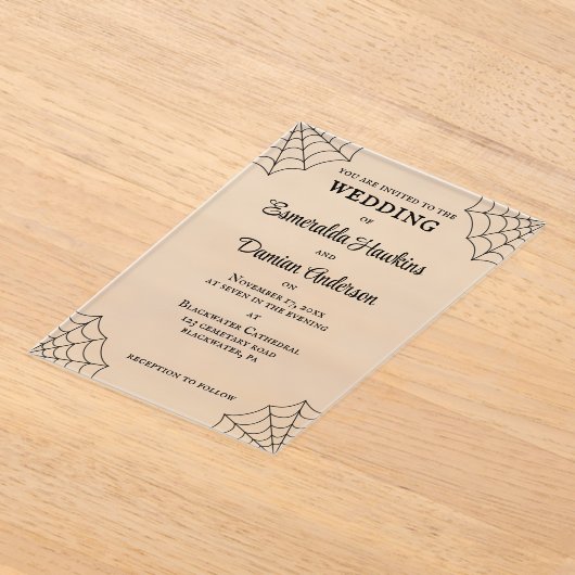 Spinnenwebben Zwart-Wit Gotische Bruiloft Acryl Uitnodigingen (Laagn)