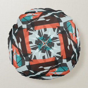 Spinning Tegel Design in Sinaasappel, zwart en Aqu Rond Kussen