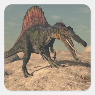 Spinosaurus dinosaur jaagt op slang vierkante sticker