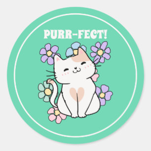 SPINT-FECT! Glimlachende kat met bloemen Ronde Sticker