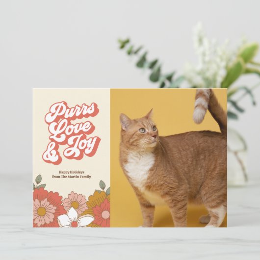 Spint Liefde en Vreugde Retro Groovy Cat Feestdagenkaart (Staand voorkant)