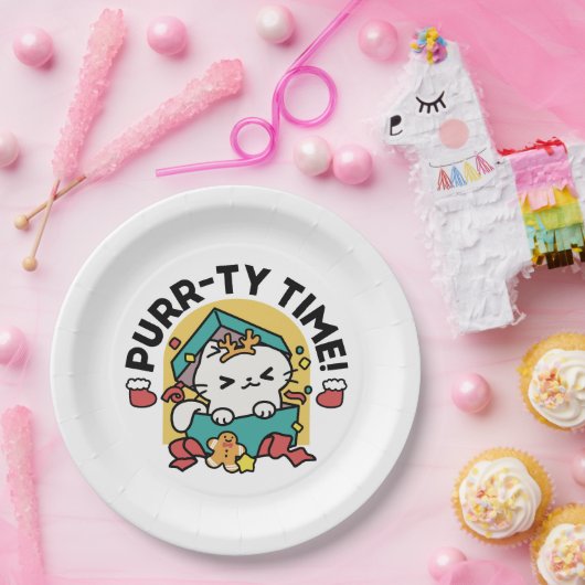 Spint-ty tijd! - Feestelijke Cat Christmas Design Papieren Bordje (Feest)