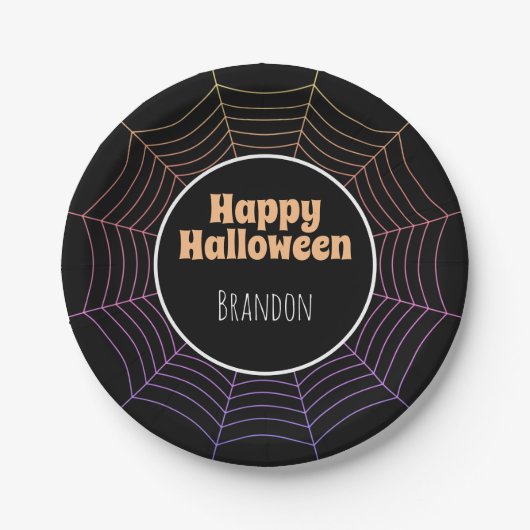 Spinweb zwart paars oranje Halloween patroon Papieren Bordje (Voorkant)