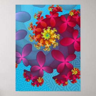 Spiraal Bloemige Fractale Kunst in Roze Blauw Geel Poster
