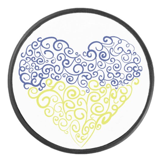 Spiraal wervelt mehandi hart Oekraïense vlag kleur Hockey Puck (Voorkant)