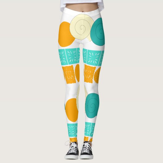 Spiraalcirkel Bloemenvierkant Sinaasappel Mint Leg Leggings (Voorkant)
