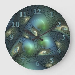 Spiraalvormig Teal Beige Groen Abstracte Fractale  Grote Klok