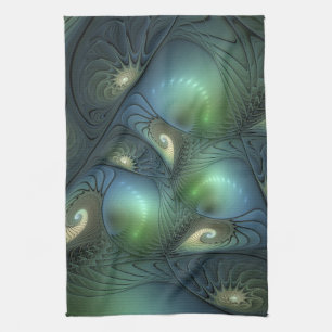 Spiraalvormig Teal Beige Groen Abstracte Fractale Theedoek