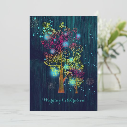 Spiraalvormige Bomen Glitzy Bos Blauw Bruiloft Kaart (Staand voorkant)