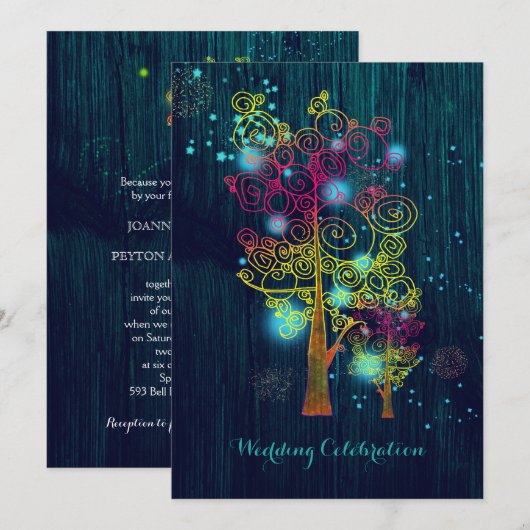 Spiraalvormige Bomen Glitzy Bos Blauw Bruiloft Kaart (Voorkant / Achterkant)