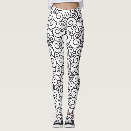 Spiral, driekwart, zwart, wit ontwerp leggings (Voorkant)