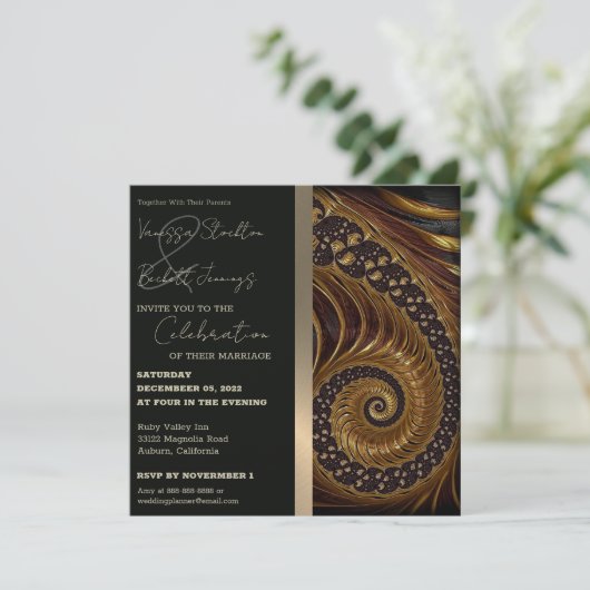 Spiral Gold Fractal Wedding Invitation Kaart (Staand voorkant)