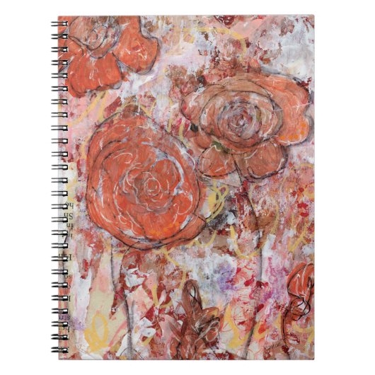 Spiral Notebook with mixed media orange flowers Notitieboek (Voorkant)