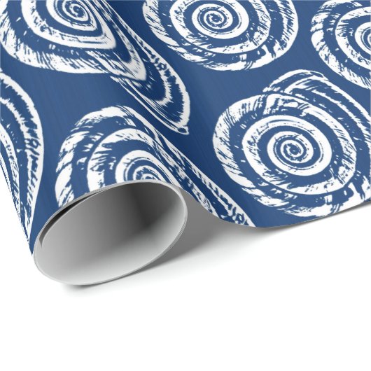 Spiral Seashell Block Print, Cobalt Blue en White Cadeaupapier (Rol Hoek)