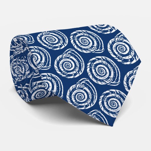 Spiral Seashell Block Print, Cobalt Blue en White Stropdas (Opgerold)