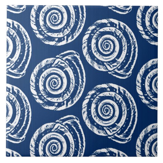 Spiral Seashell Block Print, Cobalt Blue en White Tegeltje (Voorkant)