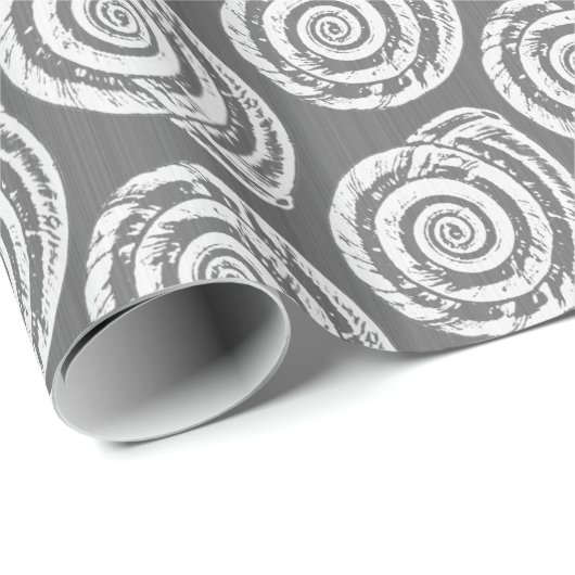 Spiral Seashell Block Print, grijs / grijs en wit Cadeaupapier (Rol Hoek)