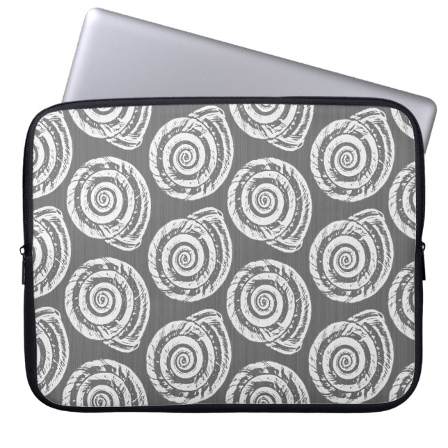 Spiral Seashell Block Print, grijs / grijs en wit Laptop Sleeve (Voorkant)