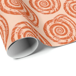 Spiral Seashell Block Print, koraal Oranje Cadeaupapier
