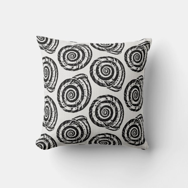 Spiral Seashell Block Print, zwart-wit Kussen (Voorkant)