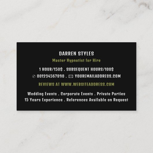 Spirale hypnose, Hypnotist Event Entertainer Visitekaartje (Achterkant)