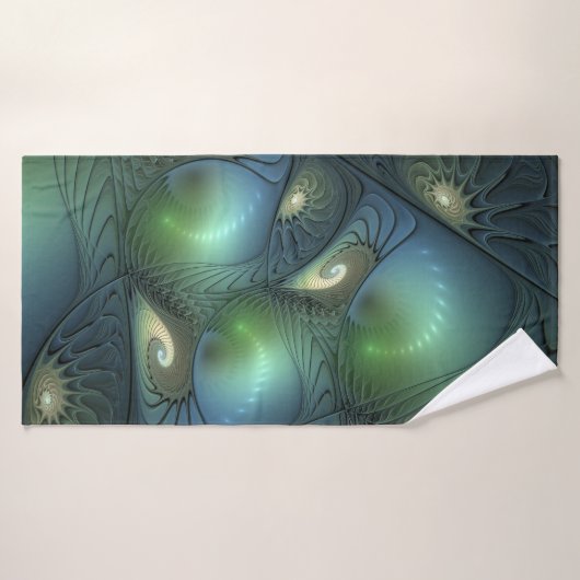 Spiralen Blauwgroen Beige Groene Abstracte Fractal Badhanddoek (Badhanddoek)