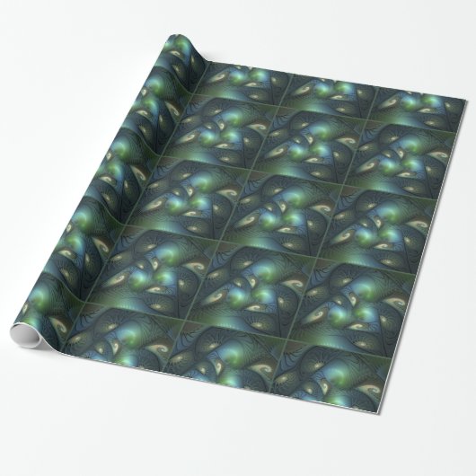 Spiralen Blauwgroen Beige Groene Abstracte Fractal Cadeaupapier (Uitgerold)