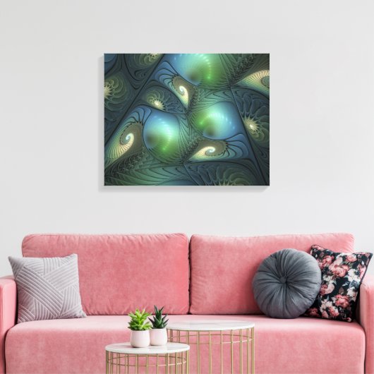 Spiralen Blauwgroen Beige Groene Abstracte Fractal Canvas Afdruk (Insitu (Woonkamer))