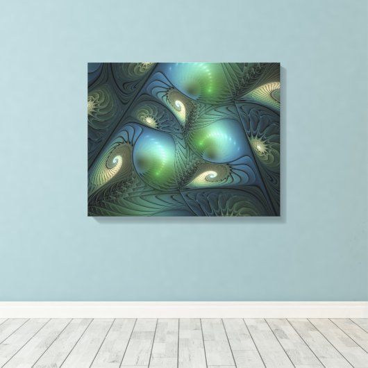 Spiralen Blauwgroen Beige Groene Abstracte Fractal Canvas Afdruk (Insitu (Houten vloer))