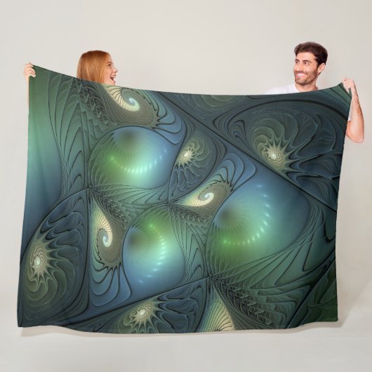 Spiralen Blauwgroen Beige Groene Abstracte Fractal Fleece Deken (In situ)