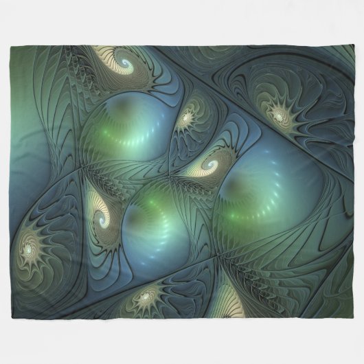 Spiralen Blauwgroen Beige Groene Abstracte Fractal Fleece Deken (Voorkant (Horizontaal))