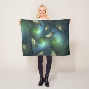 Spiralen Blauwgroen Beige Groene Abstracte Fractal Fleece Deken