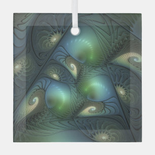 Spiralen Blauwgroen Beige Groene Abstracte Fractal Glas Ornament