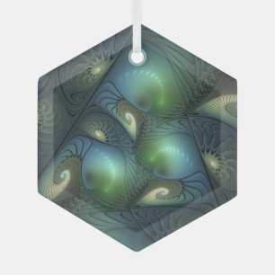 Spiralen Blauwgroen Beige Groene Abstracte Fractal Glas Ornament