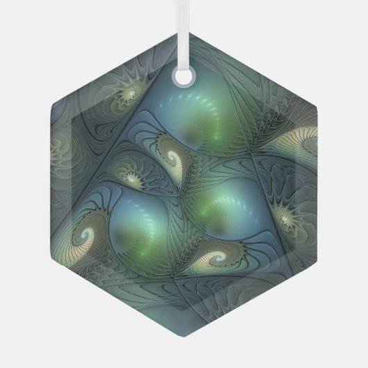 Spiralen Blauwgroen Beige Groene Abstracte Fractal Glas Ornament (Voorkant)